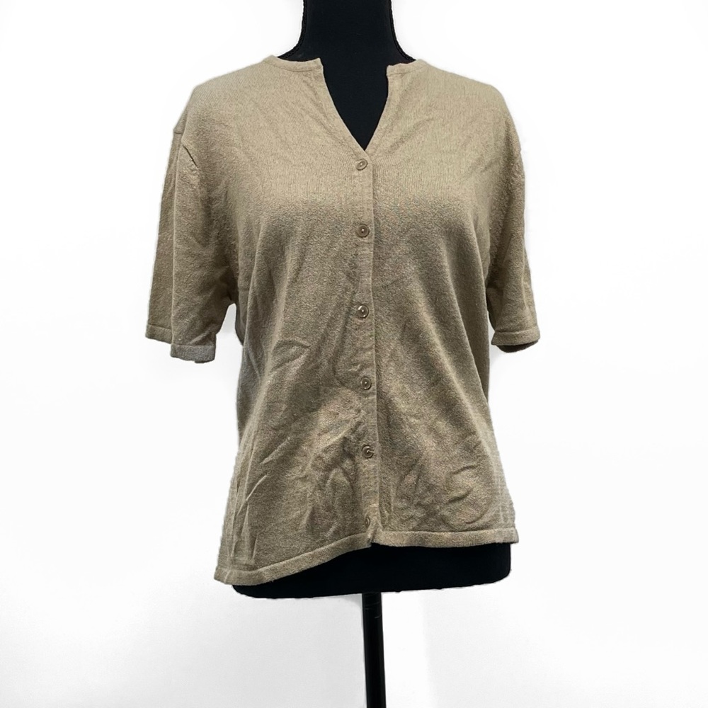 Kathie Lee Beige Button Blouse | Short Sleeve Casual Top | Lightweight Neutral L